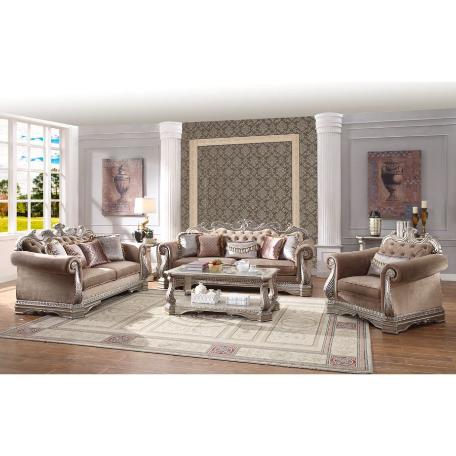 Northville Velvet Living Room Collection - Carved Scrolled Trim & Button Tufting in Antique Silver