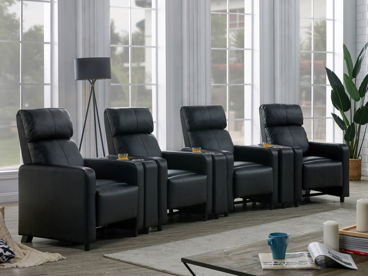 Toohey Push-Back Home Theater Recliners & Seating Sets - Black Leatherette with Gel Memory Foam & Cupholder Consoles - lifestyle