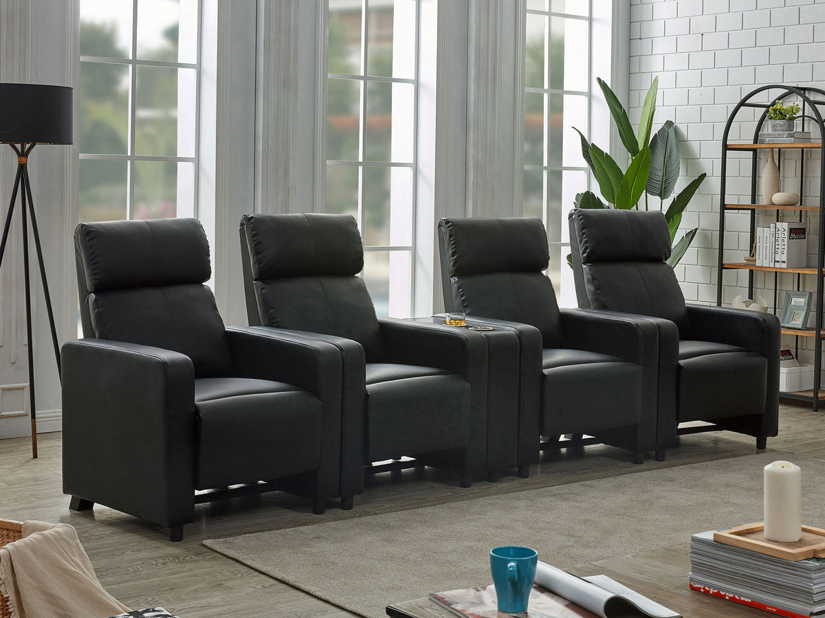 Toohey Push-Back Home Theater Recliners & Seating Sets - Black Leatherette with Gel Memory Foam & Cupholder Consoles - lifestyle