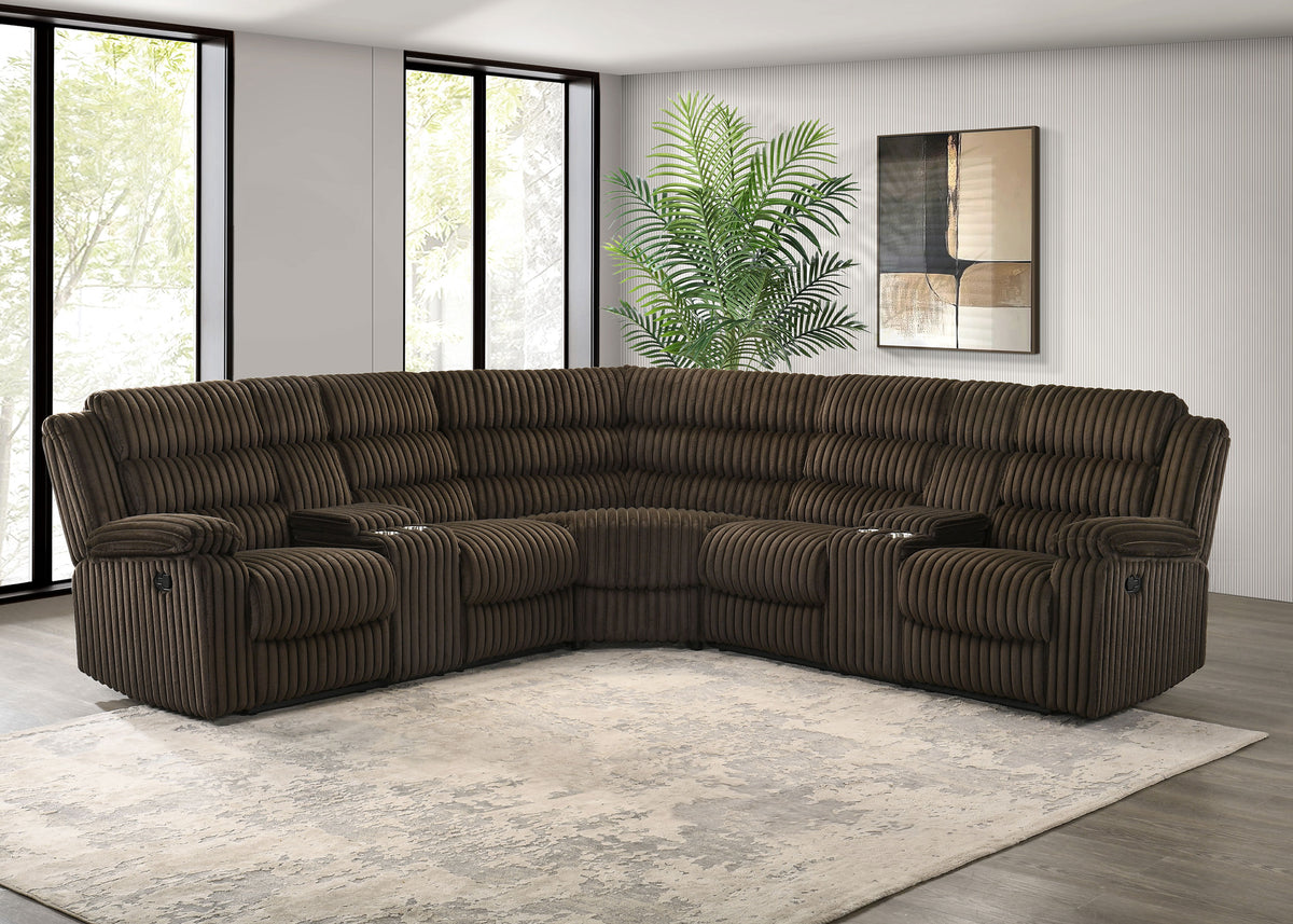 Atkinson 3-Piece Reclining Sectional Sofa - Channel-Tufted Chocolate Corduroy with Storage Consoles – view 1