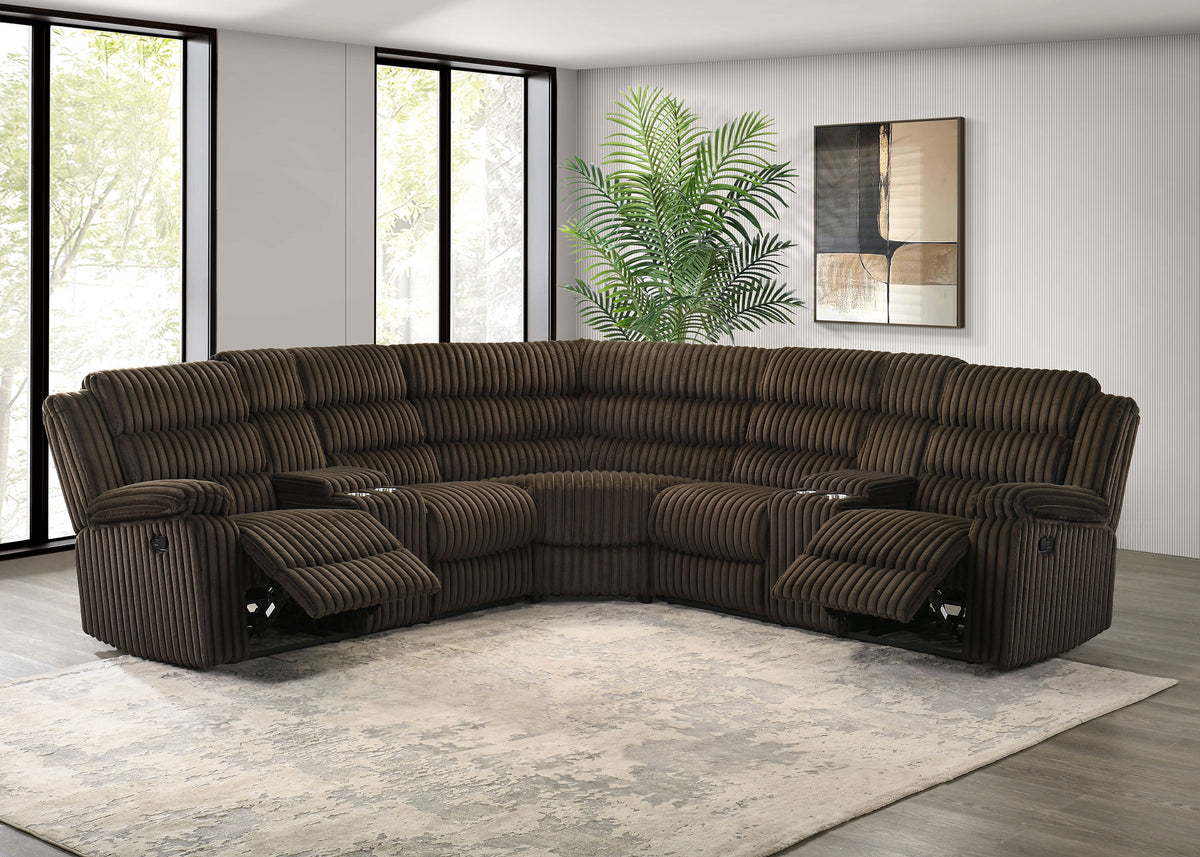 Atkinson 3-Piece Reclining Sectional Sofa - Channel-Tufted Chocolate Corduroy with Storage Consoles – view 3