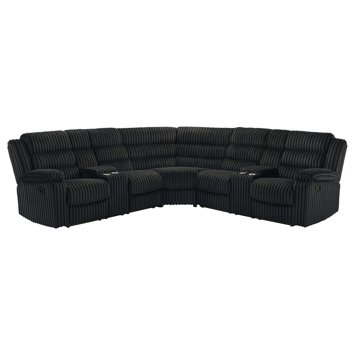 Atkinson 3-Piece Reclining Sectional Sofa - Black Wide-Wale Corduroy with Storage Consoles & Cup Holders – view 5