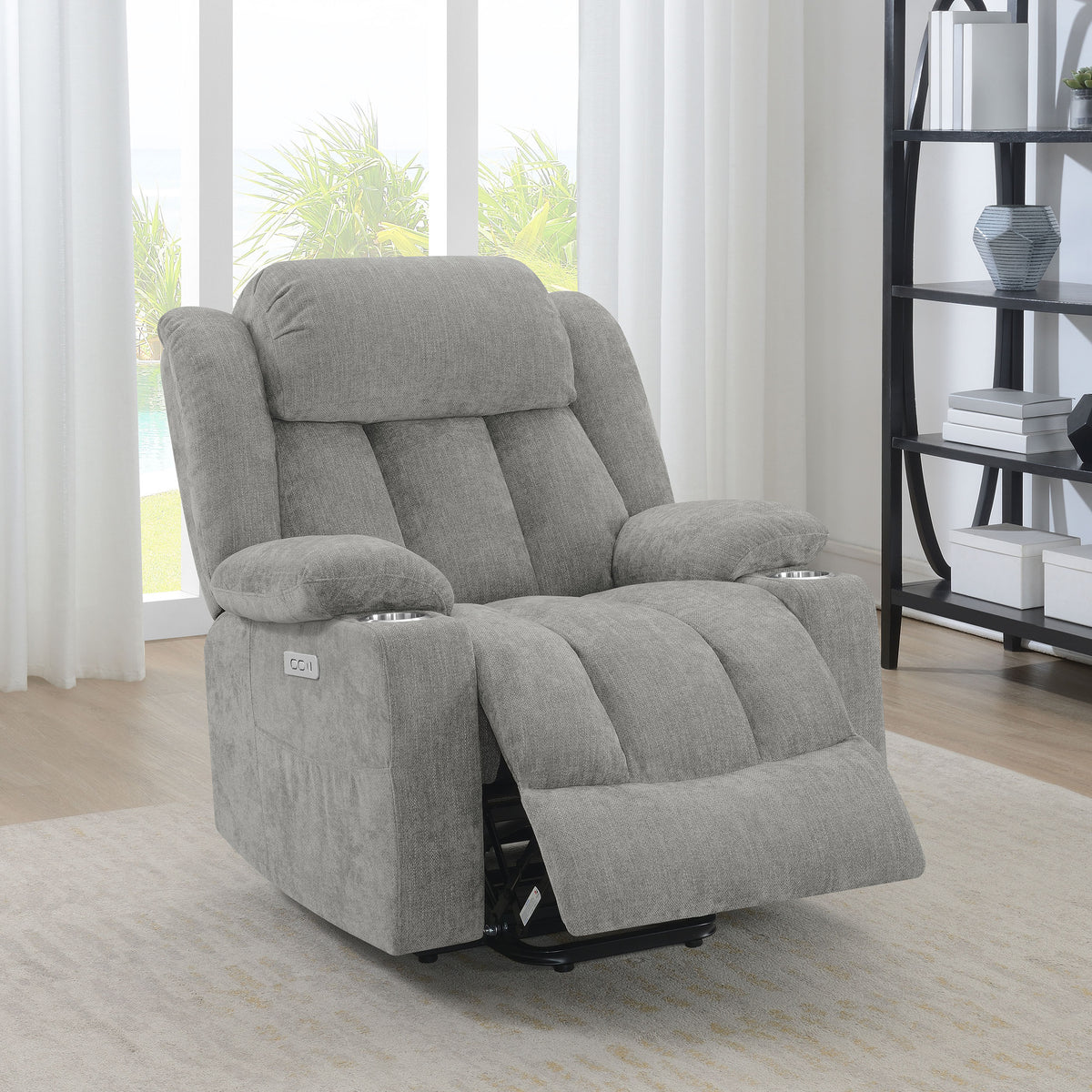 Houston Power Lift Recliner with USB Port - Overstuffed Grey Chenille with Pillowtop Arms & Cupholders – view 3