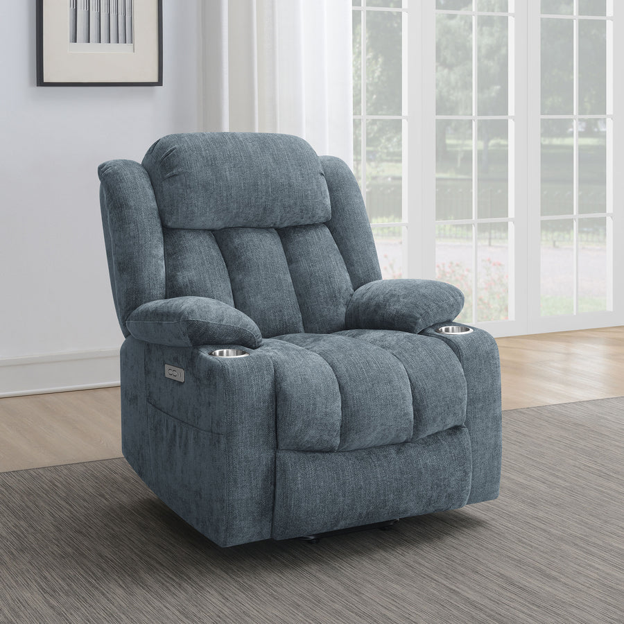 Houston Power Lift Recliner with USB - Overstuffed Slate Blue Chenille with Pillowtop Arms