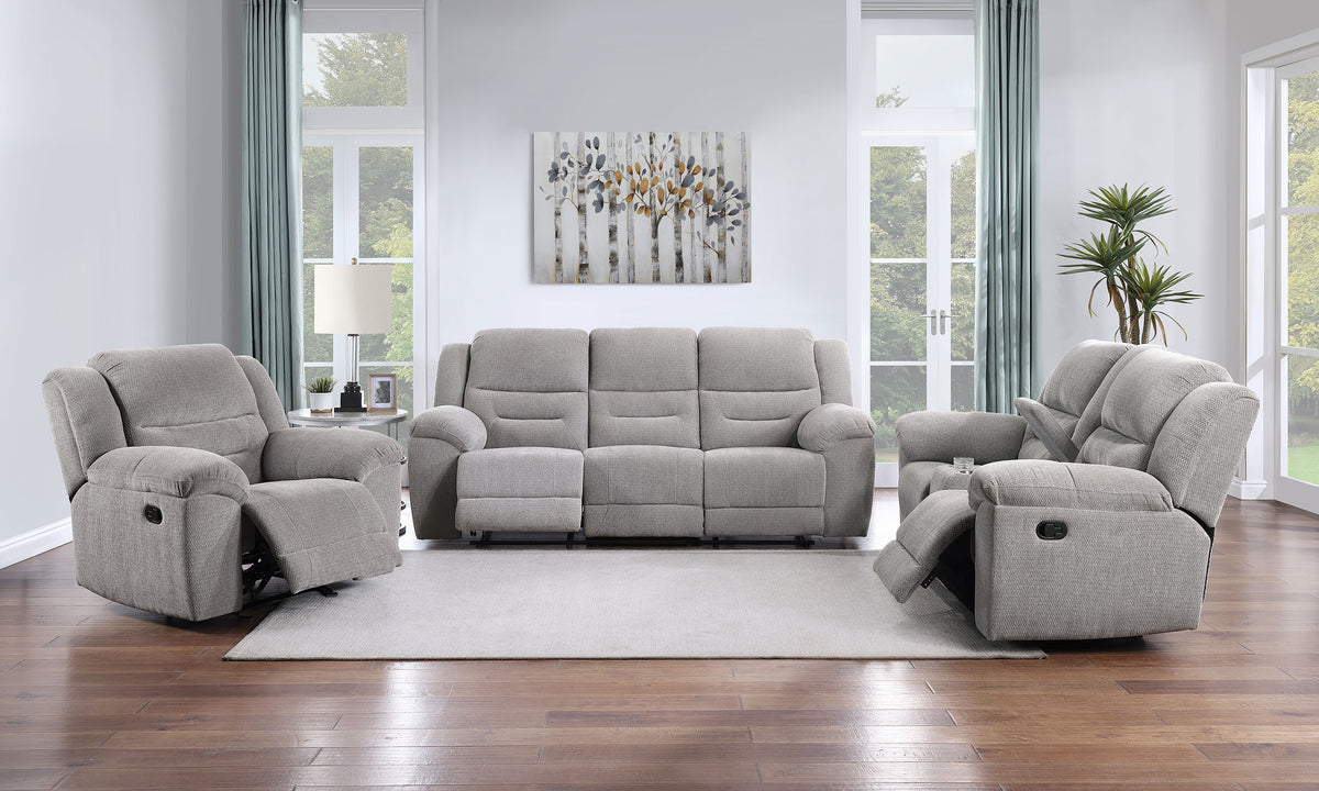 Gilson Reclining Sofa, Console Loveseat & Glider Recliner - Grey Chenille with Pillow Top Arms, Manual Recline – view 16