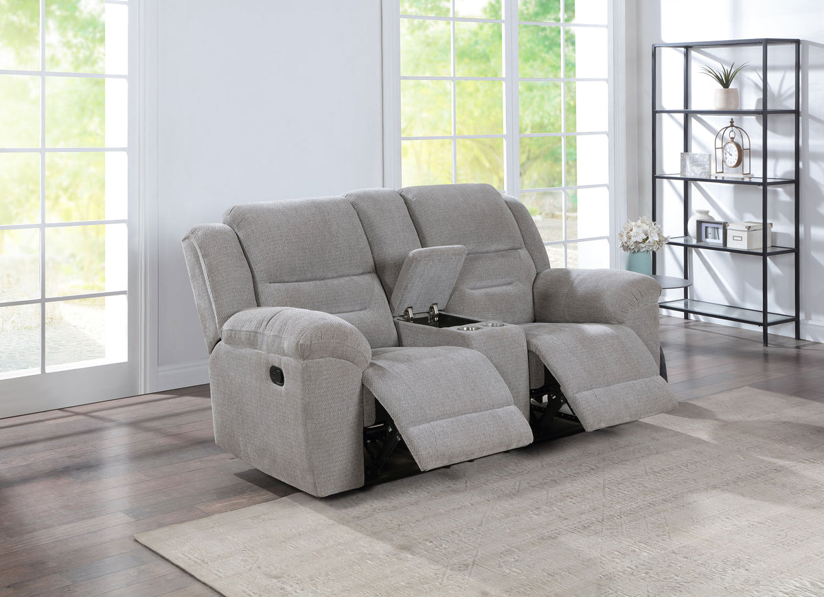 Gilson Reclining Sofa, Console Loveseat & Glider Recliner - Grey Chenille with Pillow Top Arms, Manual Recline – view 18