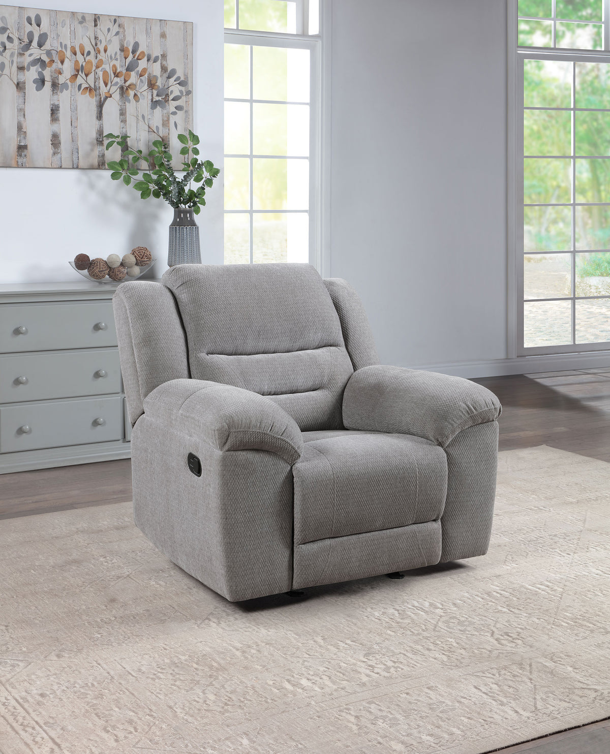 Gilson Reclining Sofa, Console Loveseat & Glider Recliner - Grey Chenille with Pillow Top Arms, Manual Recline - lifestyle