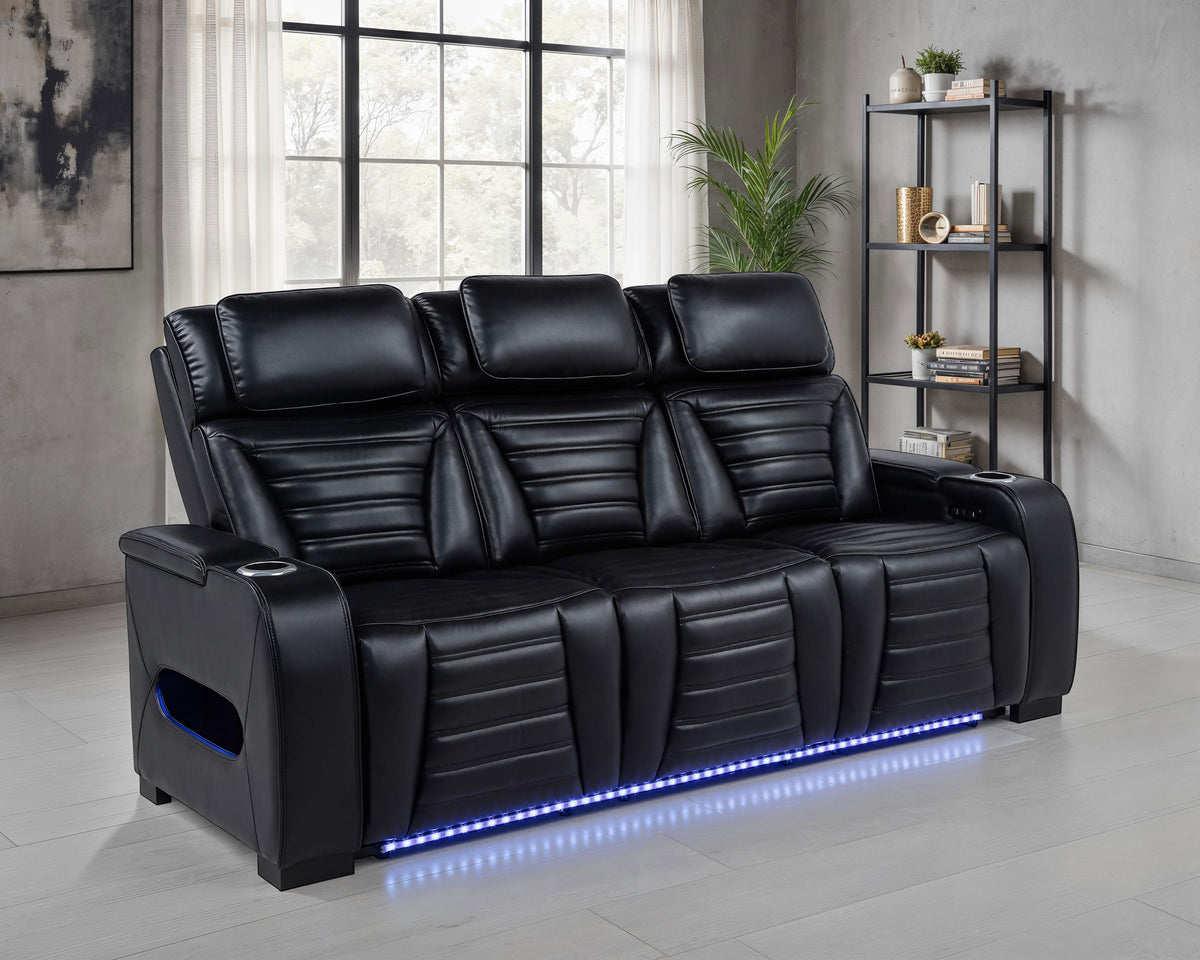 Zuma Dual Power Reclining Sofa, Loveseat & Recliner - Black Leatherette with USB, LED Under Glow & Bluetooth – view 1