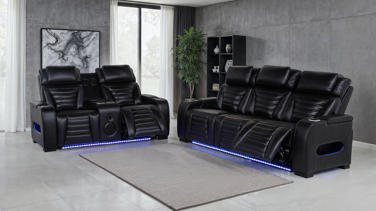 Zuma Dual Power Reclining Sofa, Loveseat & Recliner - Black Leatherette with USB, LED Under Glow & Bluetooth – view 14