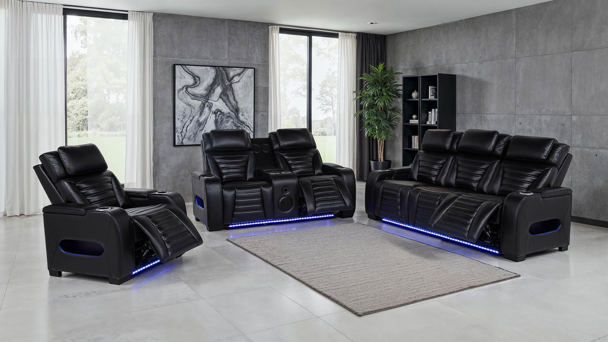 Zuma Dual Power Reclining Sofa, Loveseat & Recliner - Black Leatherette with USB, LED Under Glow & Bluetooth – view 15