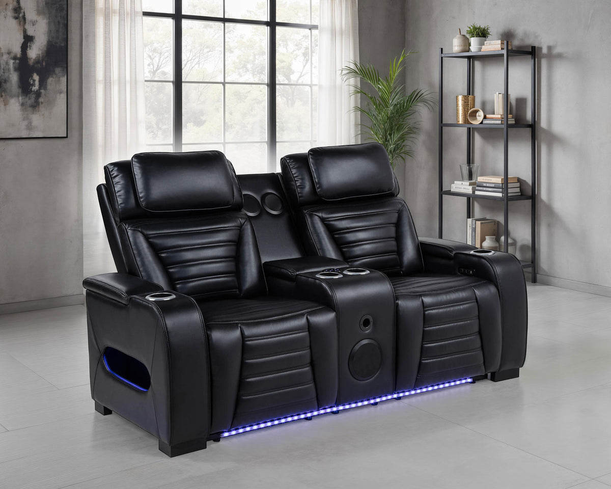 Zuma Dual Power Reclining Sofa, Loveseat & Recliner - Black Leatherette with USB, LED Under Glow & Bluetooth – view 16