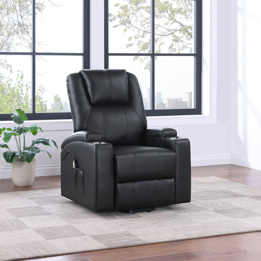 Armstrong Power Lift Recliner with Massage & Heat - Espresso Faux Leather with Cup Holders & Side Pockets