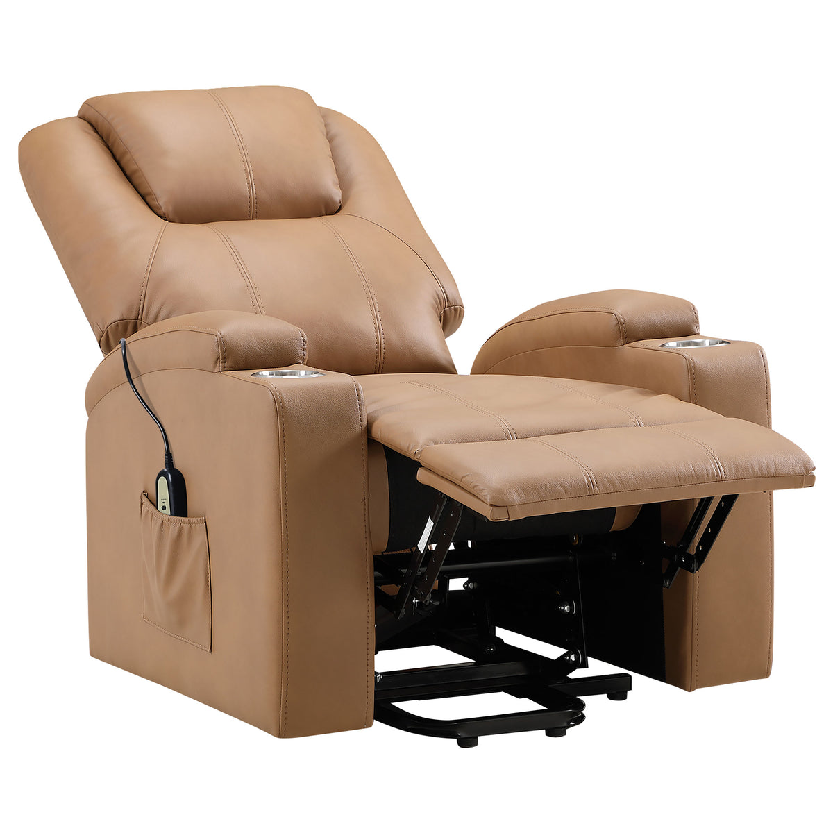 Armstrong Power Lift Recliner with Heat & Massage - Camel Faux Leather with Cup Holders & Side Pockets – view 6