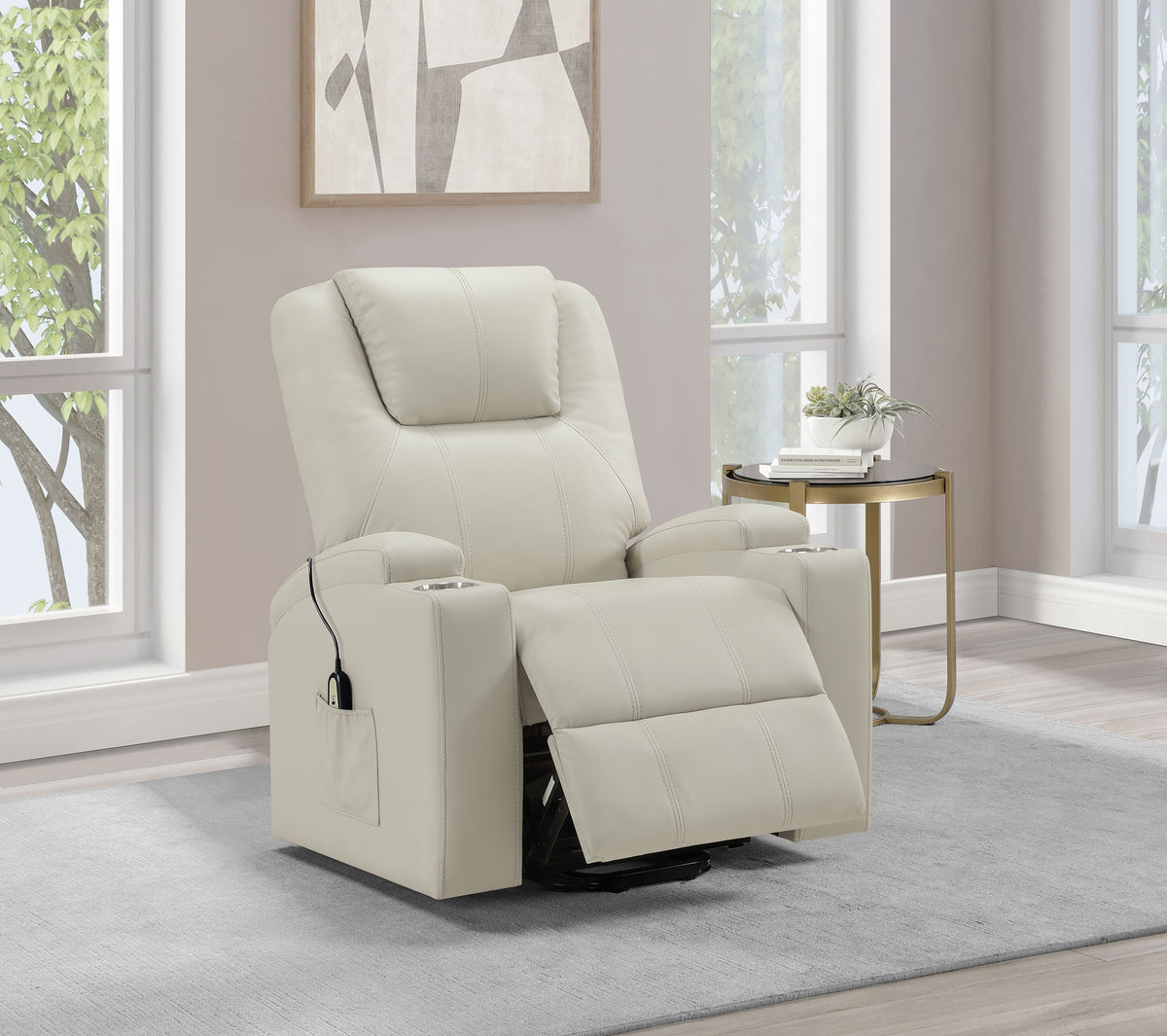 Armstrong Power Lift Recliner with Heat & Massage - Ivory Faux Leather with Cupholders โ view 3