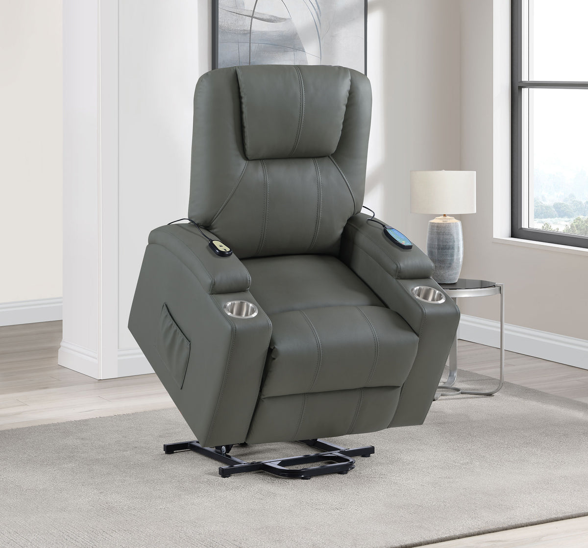 Armstrong Power Lift Recliner with Heat & Massage - Grey Faux Leather with Cup Holders – view 4