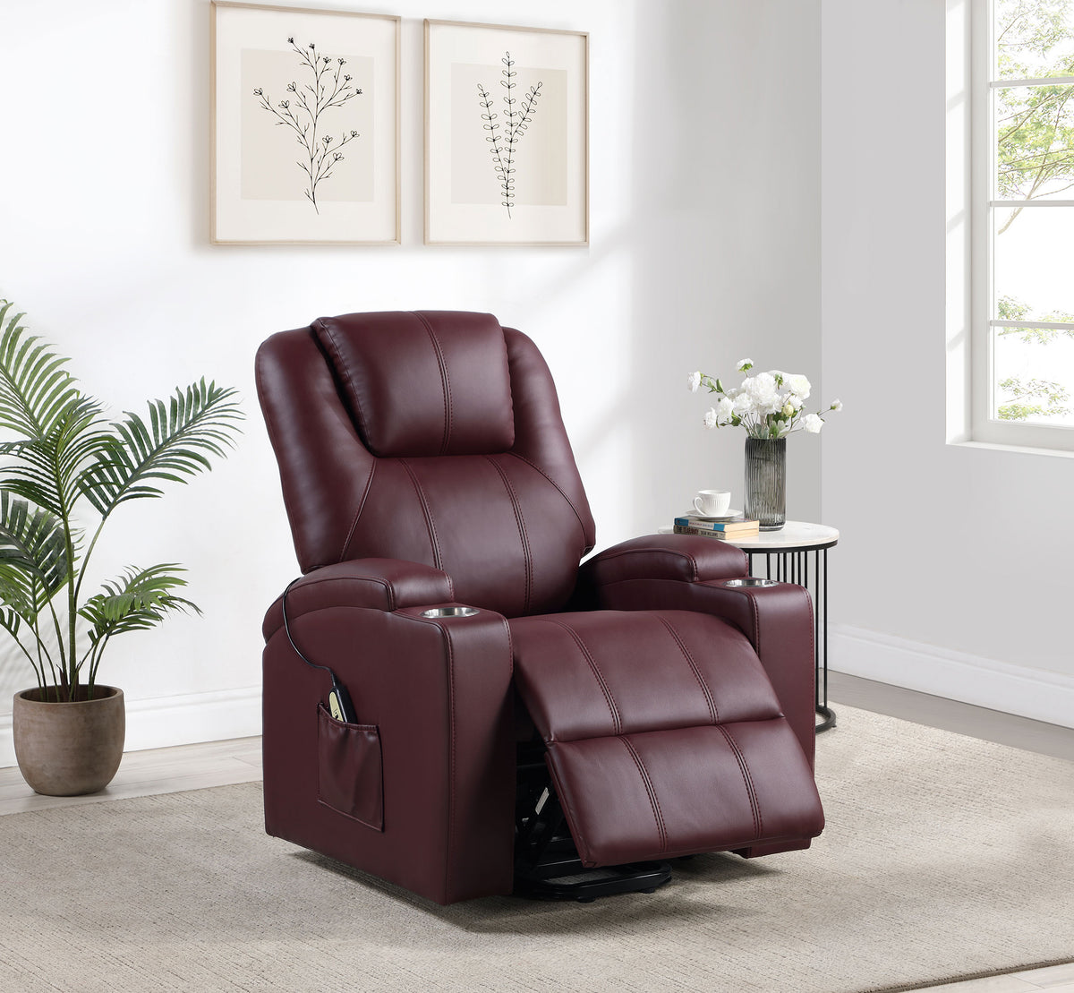 Armstrong Power Lift Recliner with Heat & Massage - Wine Faux Leather with Cup Holders – view 3