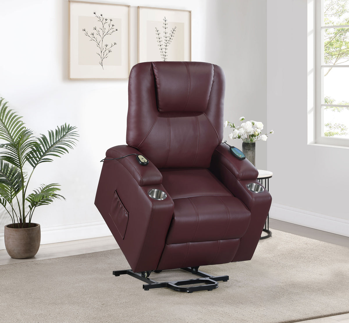 Armstrong Power Lift Recliner with Heat & Massage - Wine Faux Leather with Cup Holders – view 4