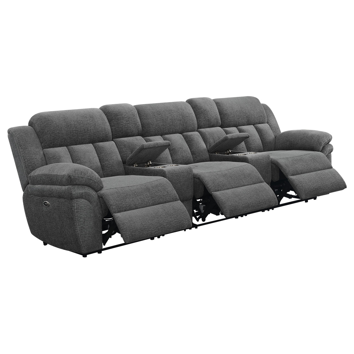 Bahrain Reclining Sectional, Sofa, Loveseat, Glider Recliner & Home Theater Seating - 5pc Home Theater Seating (3 Recliners + 2 Consoles) / Power