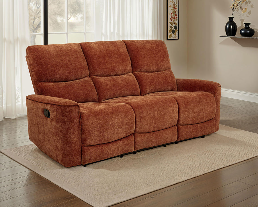 Navarro Reclining Sofa, Loveseat & Glider Recliner - Burnt Orange Chenille with Channel-Tufted Backs