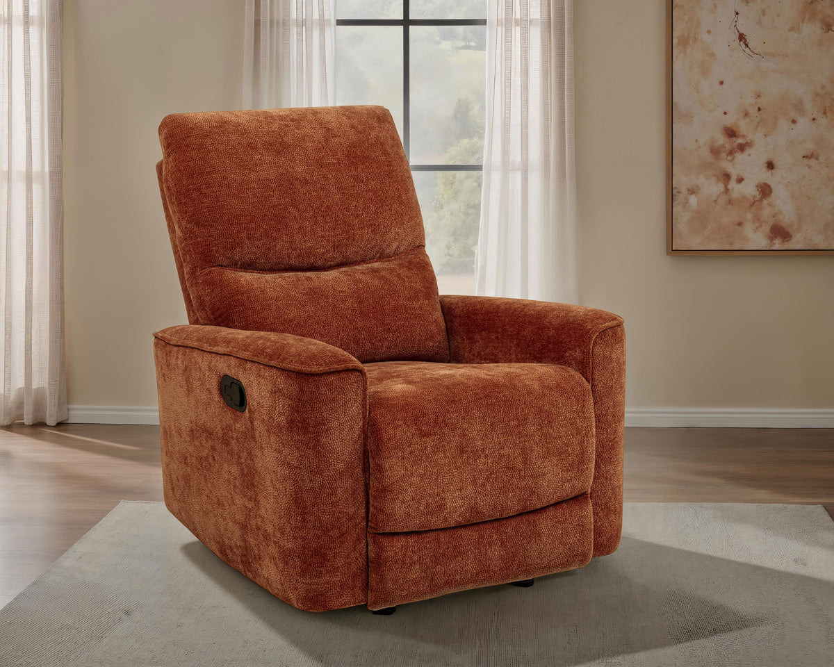 Navarro Reclining Sofa, Loveseat & Glider Recliner - Burnt Orange Chenille with Channel-Tufted Backs - lifestyle