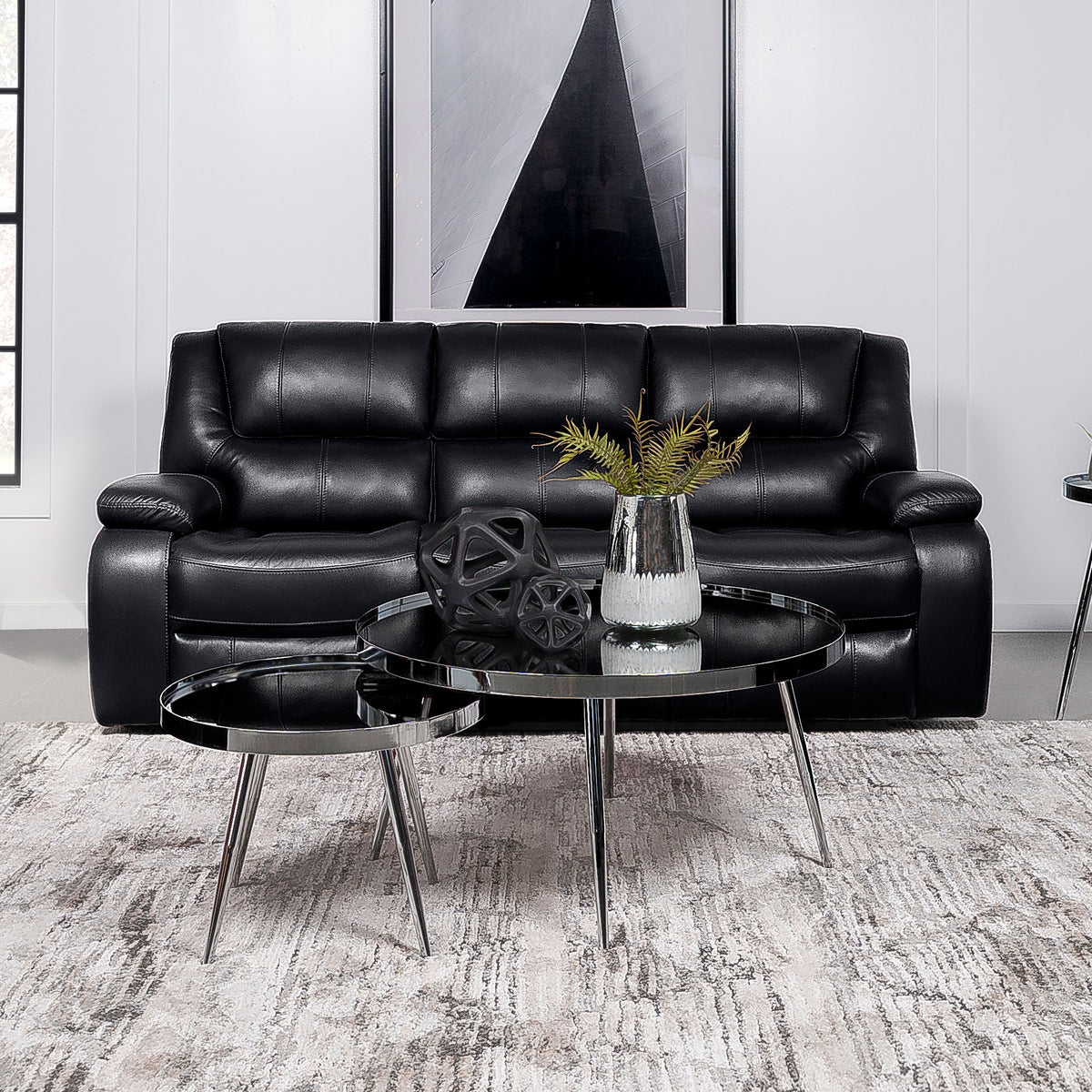 Camila Reclining Sofa, Loveseat & Glider Recliner - Black Faux Leather Motion Living Room Sets โ view 1