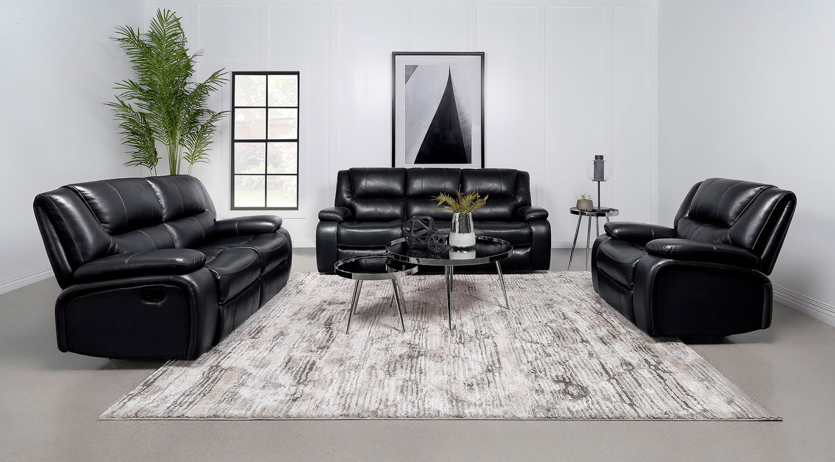Camila Reclining Sofa, Loveseat & Glider Recliner - Black Faux Leather Motion Living Room Sets โ view 17