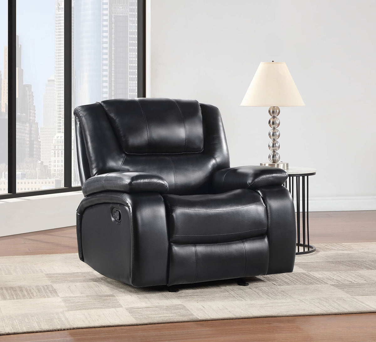 Camila Reclining Sofa, Loveseat & Glider Recliner - Black Faux Leather Motion Living Room Sets - lifestyle