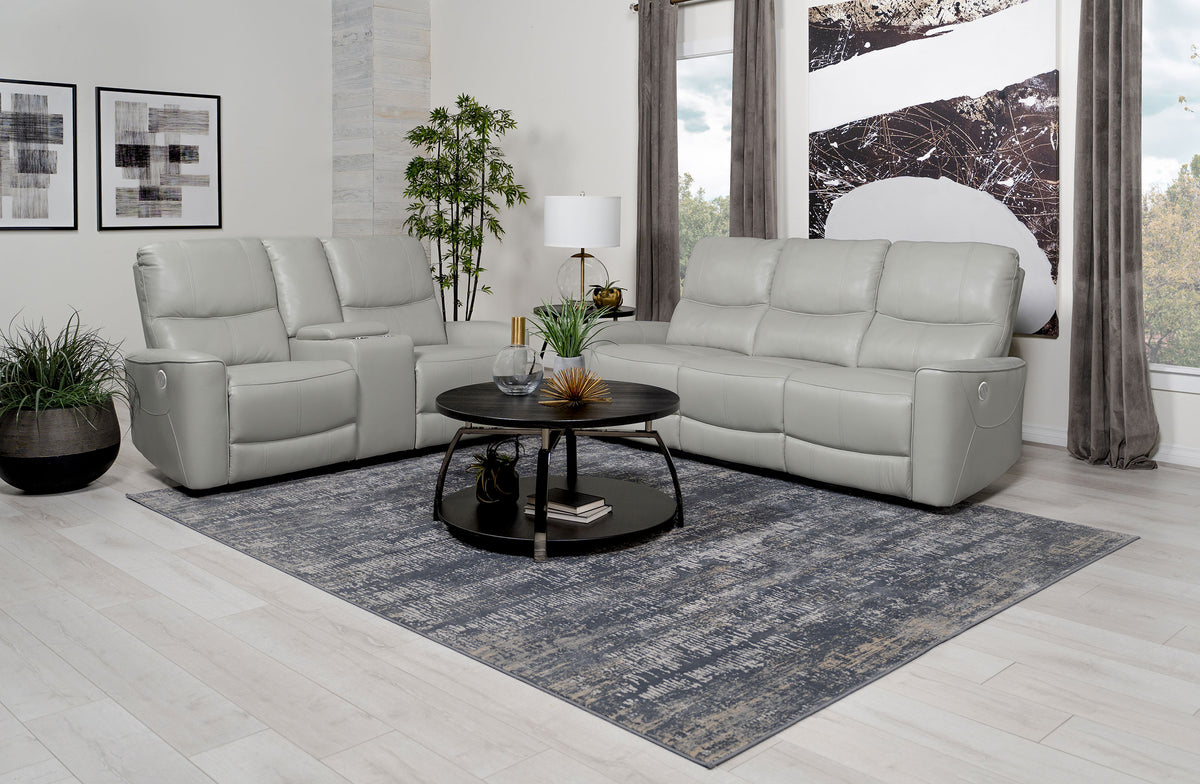 Greenfield Power Reclining Sofa, Loveseat & Recliner - Dove Grey Leatherette with USB Switch Panel - lifestyle