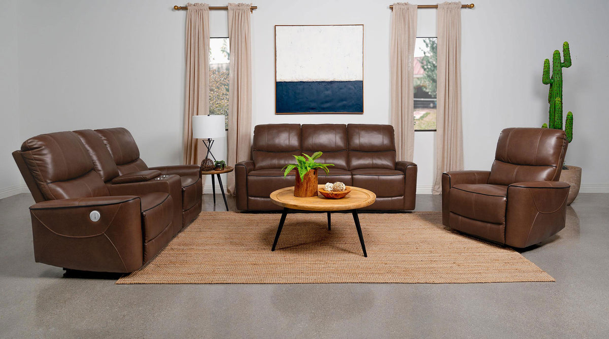 Greenfield Power Reclining Sofa, Loveseat & Recliner - Saddle Brown Leatherette with USB Charging - lifestyle
