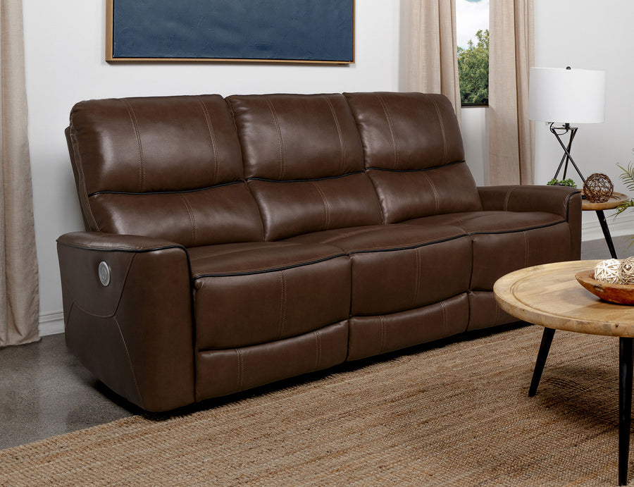 Greenfield Power Reclining Sofa, Loveseat & Recliner - Saddle Brown Leatherette with USB Charging