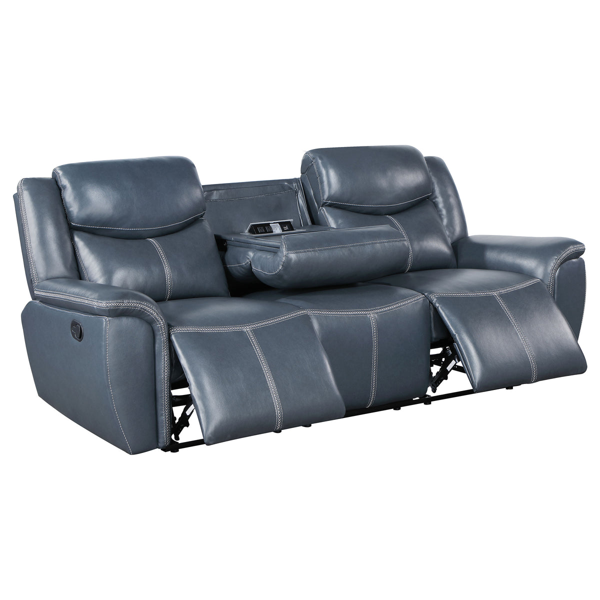 Sloane Reclining Sofa, Console Loveseat & Recliner - Blue Faux Leather with Power Outlet, USB & Cup Holders – view 7