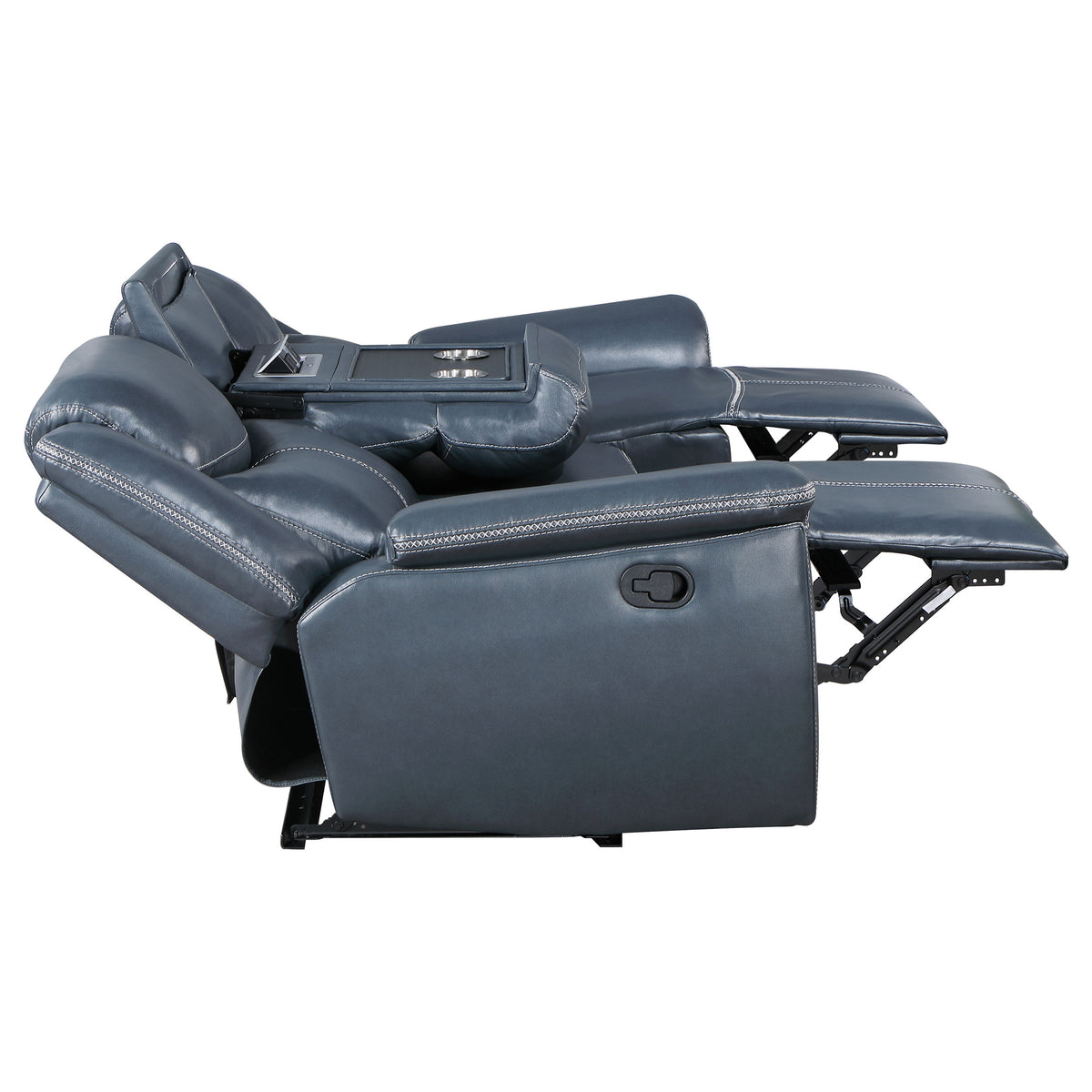 Sloane Reclining Sofa, Console Loveseat & Recliner - Blue Faux Leather with Power Outlet, USB & Cup Holders – view 11