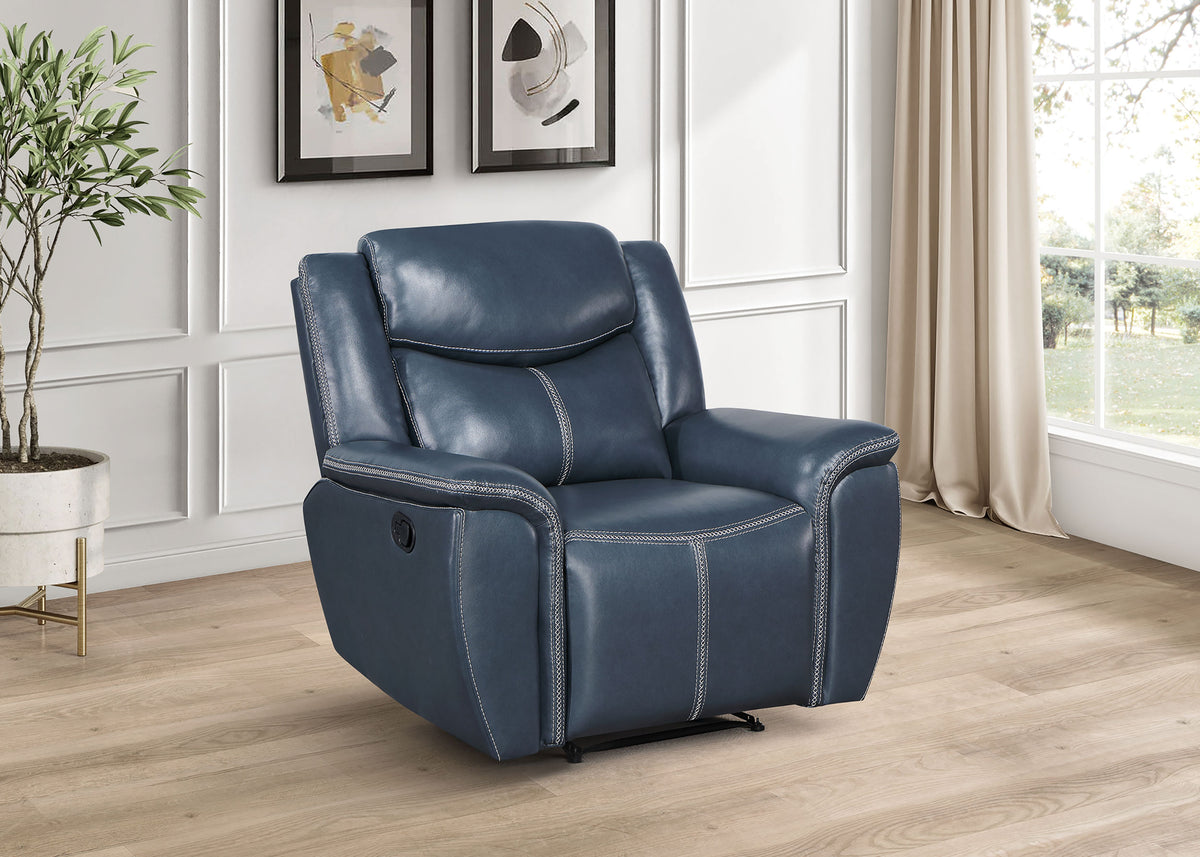 Sloane Reclining Sofa, Console Loveseat & Recliner - Blue Faux Leather with Power Outlet, USB & Cup Holders - lifestyle