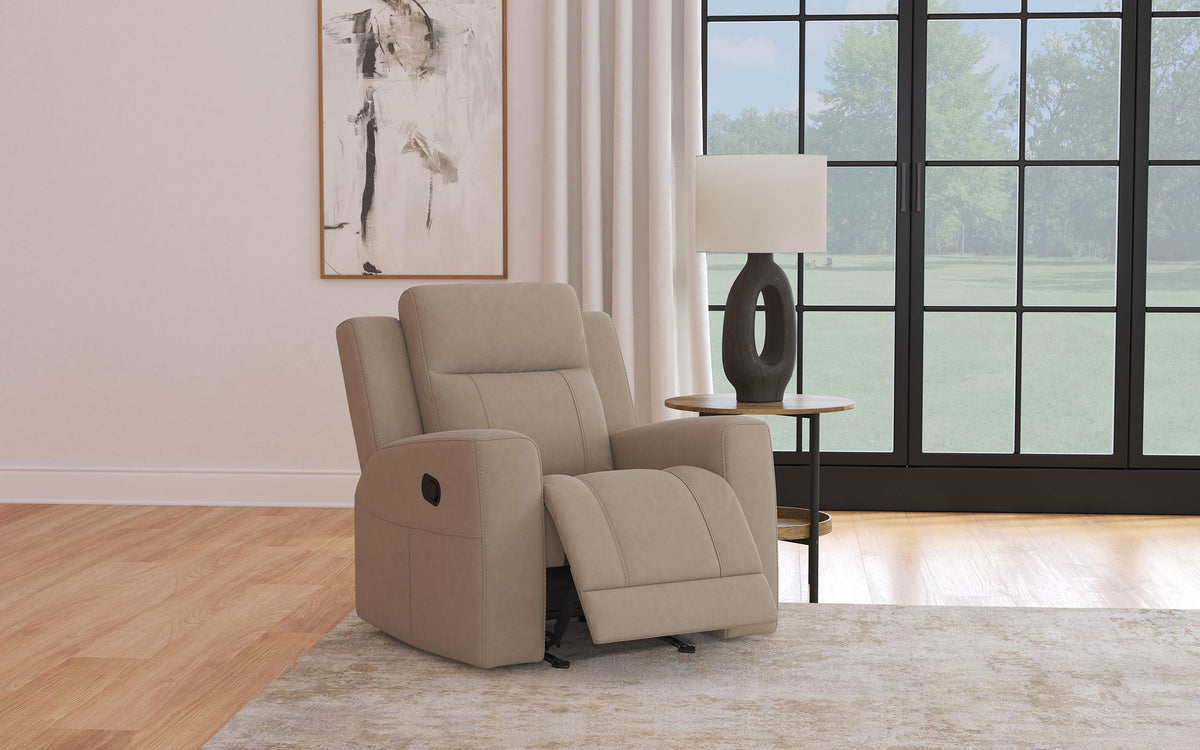 Brentwood Reclining Sofa, Loveseat & Rocker Recliner - Taupe Suede-Like Fabric with Track Arms - lifestyle