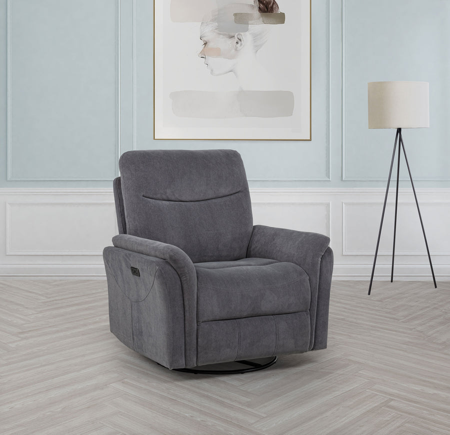 Adler Power Swivel Glider Recliner - Charcoal Grey Fabric with USB-A & USB-C Charging
