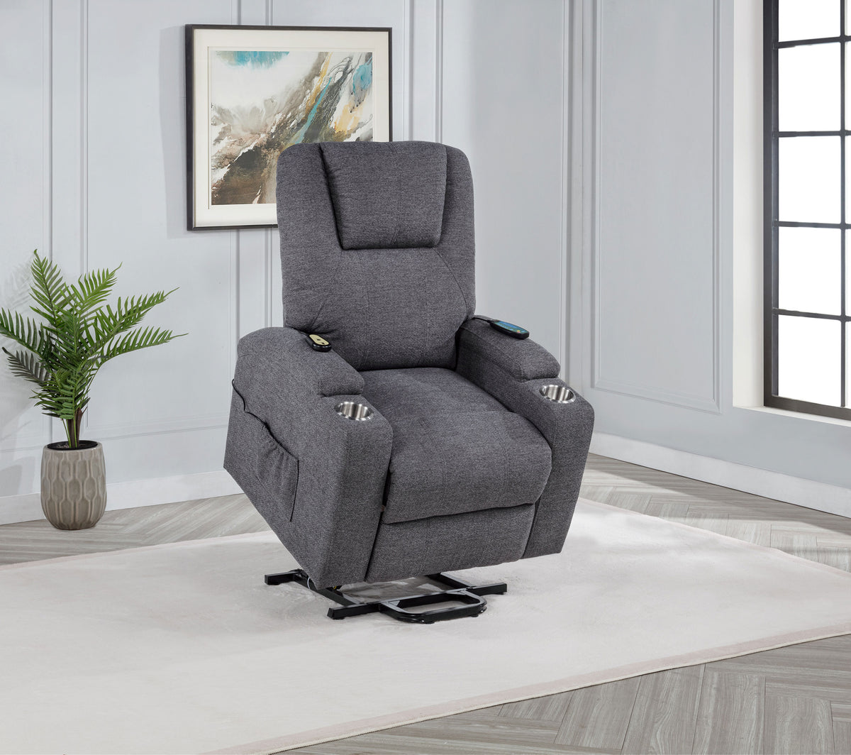 Louie Power Lift Recliner with Heat & Massage - Dark Grey Chenille with Cup Holders – view 4