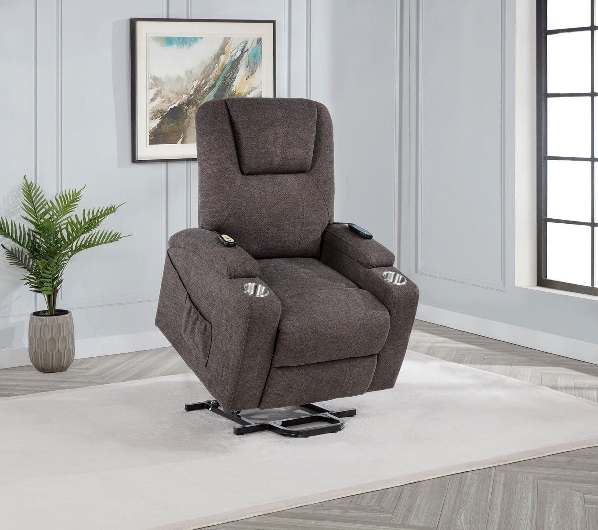 Louie Power Lift Recliner with Heat & Massage - Brown Chenille with Cup Holders & Side Pockets – view 4