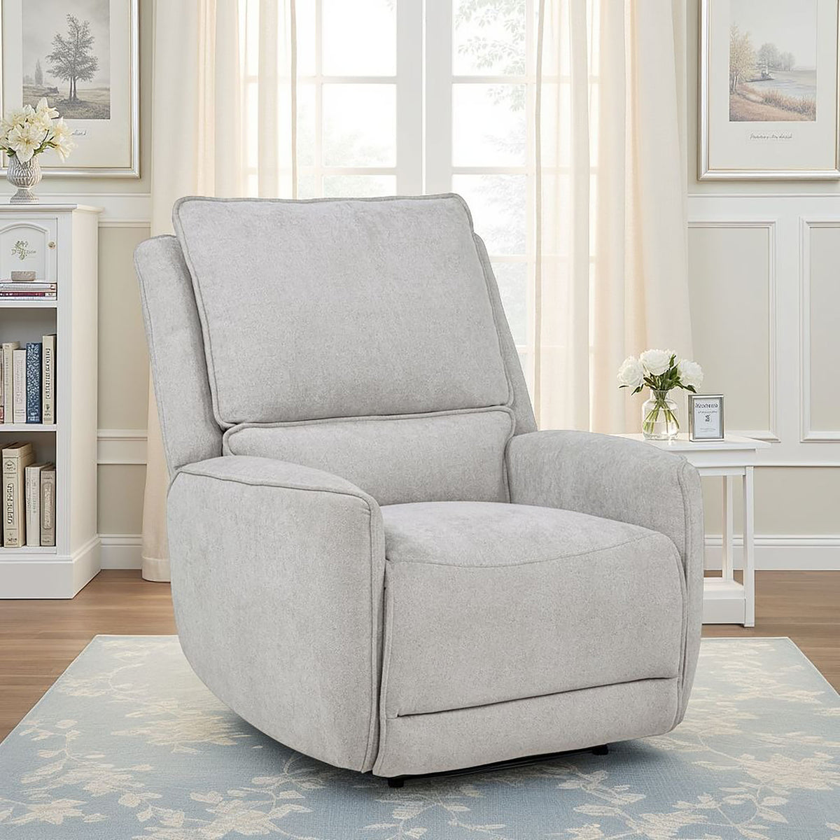 Sylmar Power Reclining Sofa, Loveseat & Recliner - Dove Grey Chenille with Push-Button Recline - lifestyle