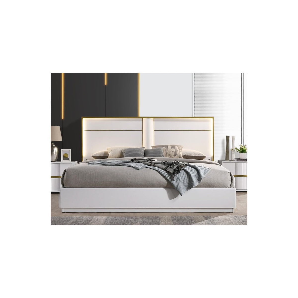 Havana Poplar Wood Cali King Platform Bed in White with Gold Trim in Multi Color - front view