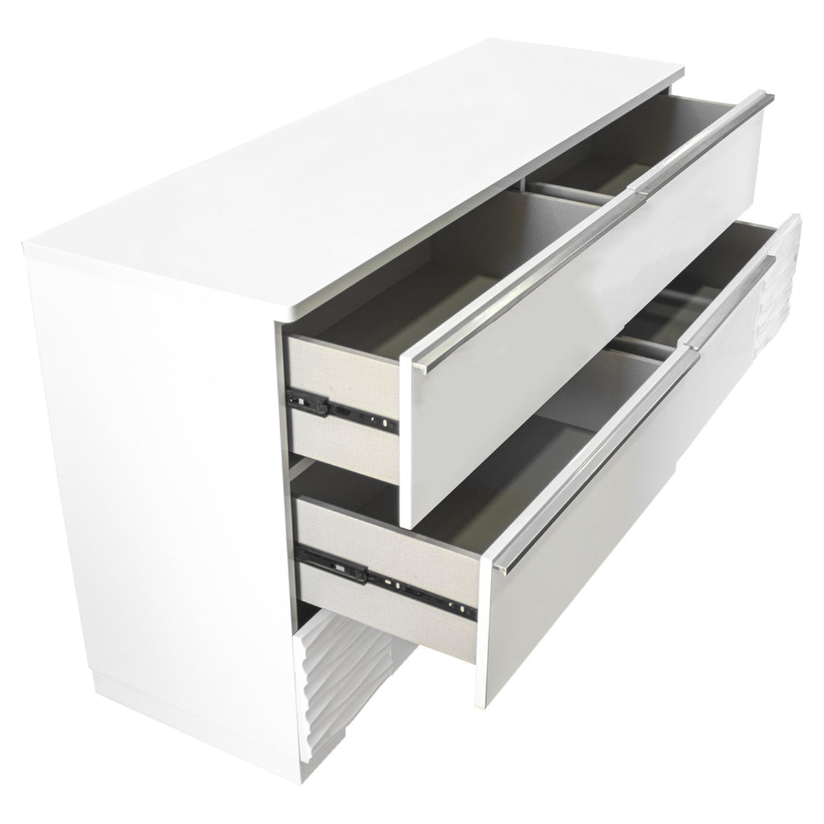Athen 55" 6-Drawer Dresser with Chrome Pull Handles, White High Gloss Lacquer Finish - detail view