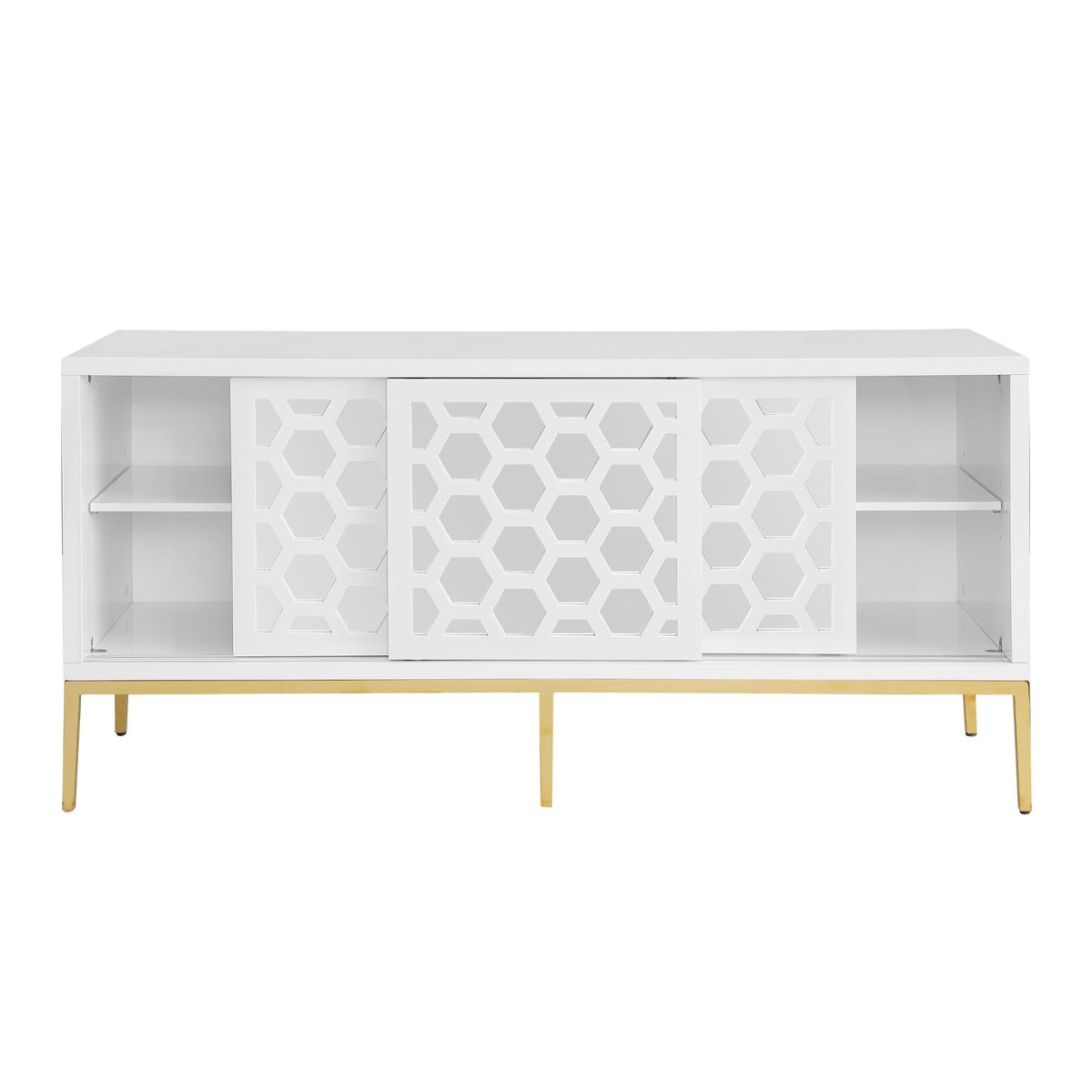 Teodoro Contemporary Lacquer Sideboard with Storage, Polished Gold Legs in White - back view
