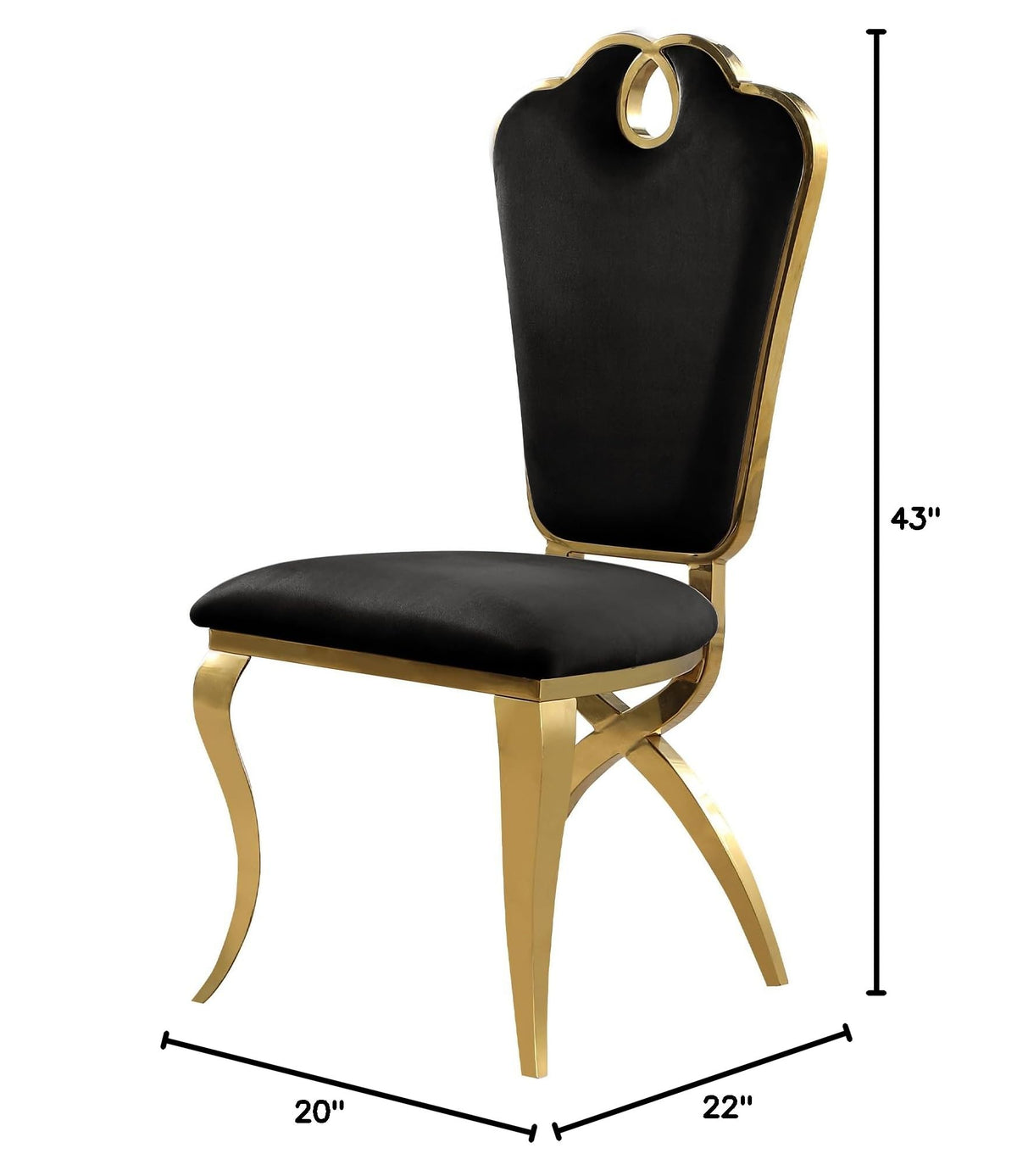 Leona Contemporary Velvet Royal Dining Chair with X-Shaped Gold Legs - side view - Black