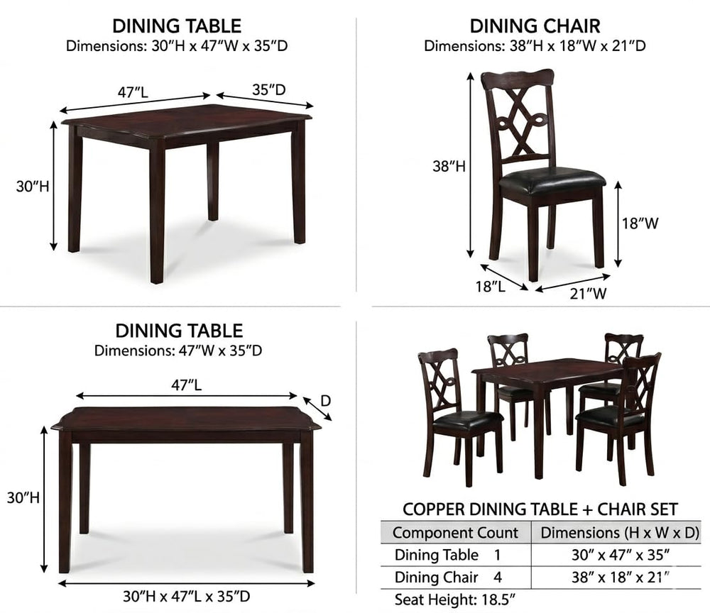Copper 5-Piece Espresso Dining Set with 4 Upholstered Chairs dimensions