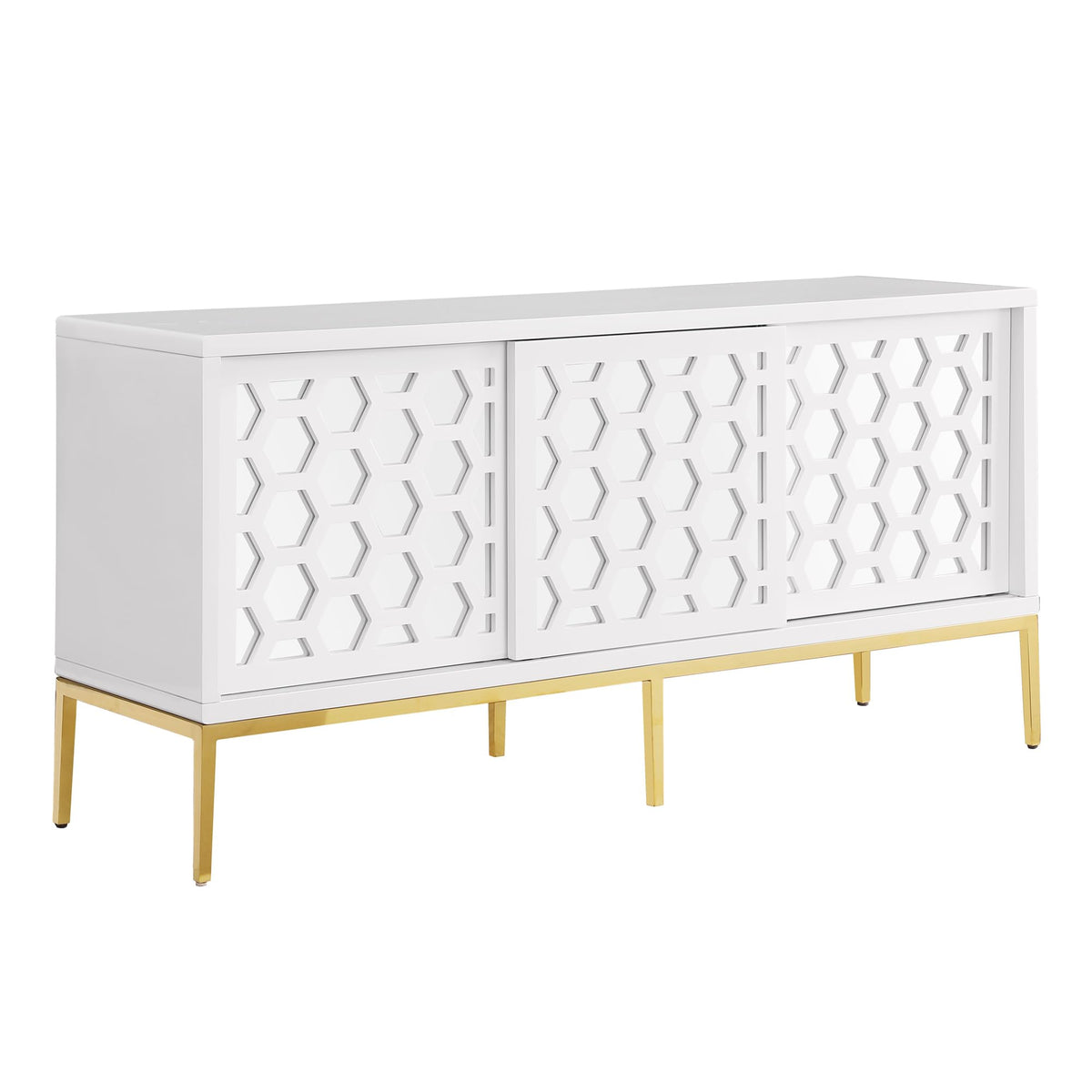 Teodoro Contemporary Lacquer Sideboard with Storage, Polished Gold Legs in White