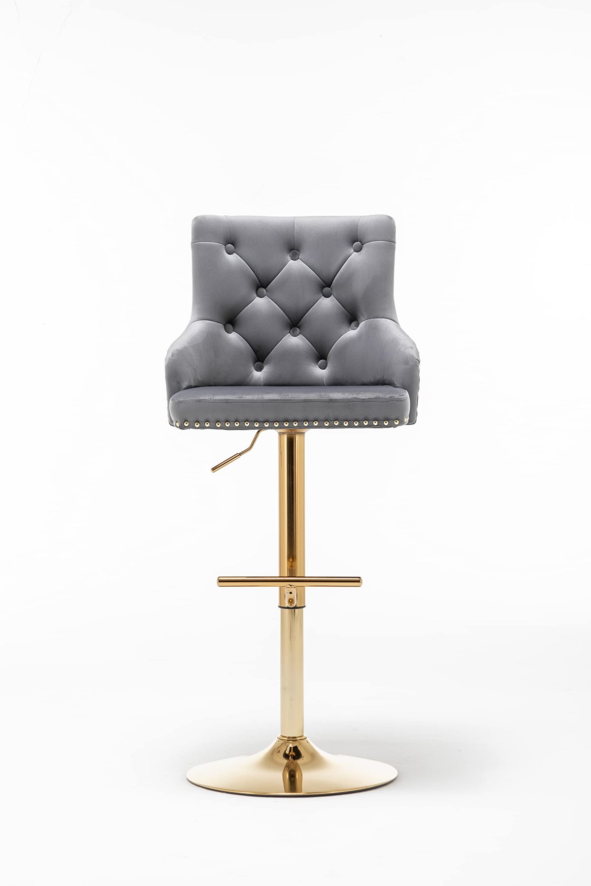 Brightcast 2-Piece Velvet Tufted Gold Bar Stools in Dark Gray - angle view