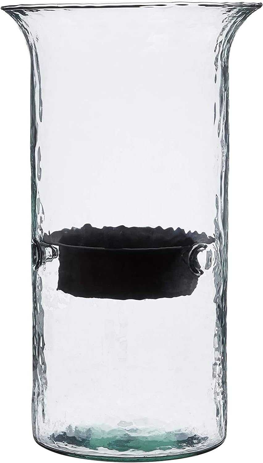 15-Inch Glass Hurricane Pillar Candle Holder with Rustic Metal Insert Centerpiece