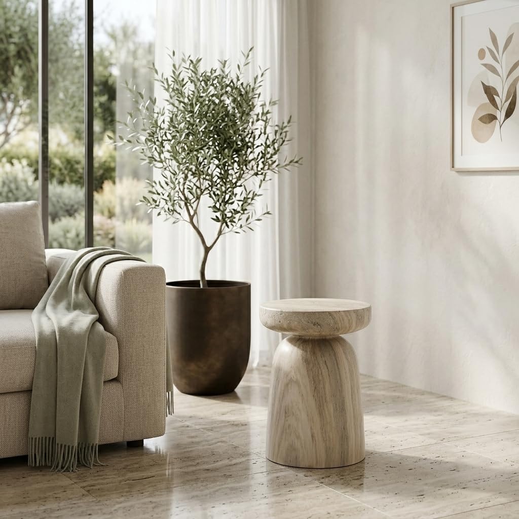 Vyn 14" Modern Round Side Table Concrete Tavertine Finish - back view