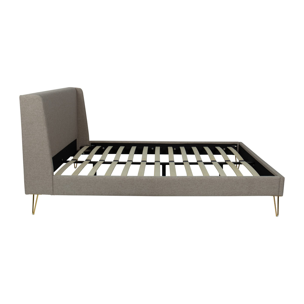 Gray Upholstered Bed with Angled Brass Legs – image 3