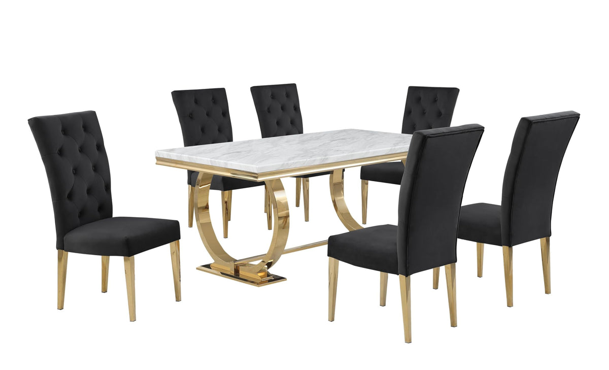 Lexington 7-Piece Rectangle Dining Set with 6 Velvet Upholstered Chairs, Modern Contemporary Design in Black/Gold