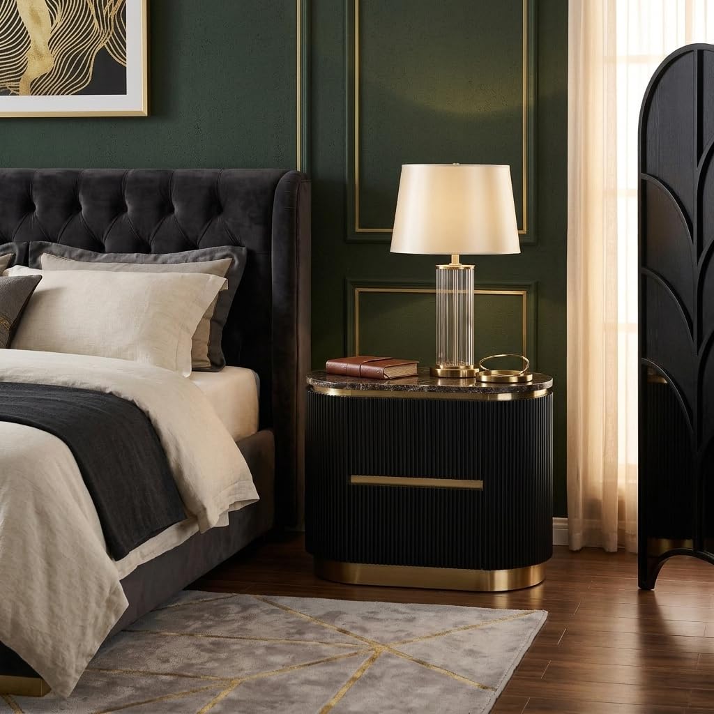 Trandell 22" High Modern Glam Faux Marble Top Nightstand - side view